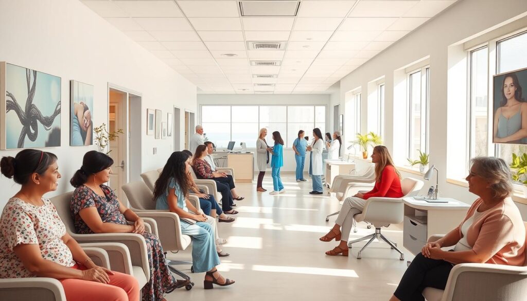 A brightly lit medical office, with a warm, welcoming atmosphere. In the foreground, a diverse group of women of varying ages and ethnicities sit comfortably in examination rooms, engaged in thoughtful discussions with their healthcare providers. The middle ground features an airy, well-equipped waiting area, with modern, ergonomic furniture and soothing artwork on the walls. In the background, a team of nurses and medical staff move with efficiency, ensuring the smooth operation of the clinic. Soft, natural lighting filters in through large windows, creating a calming, nurturing environment focused on comprehensive women's health services.
