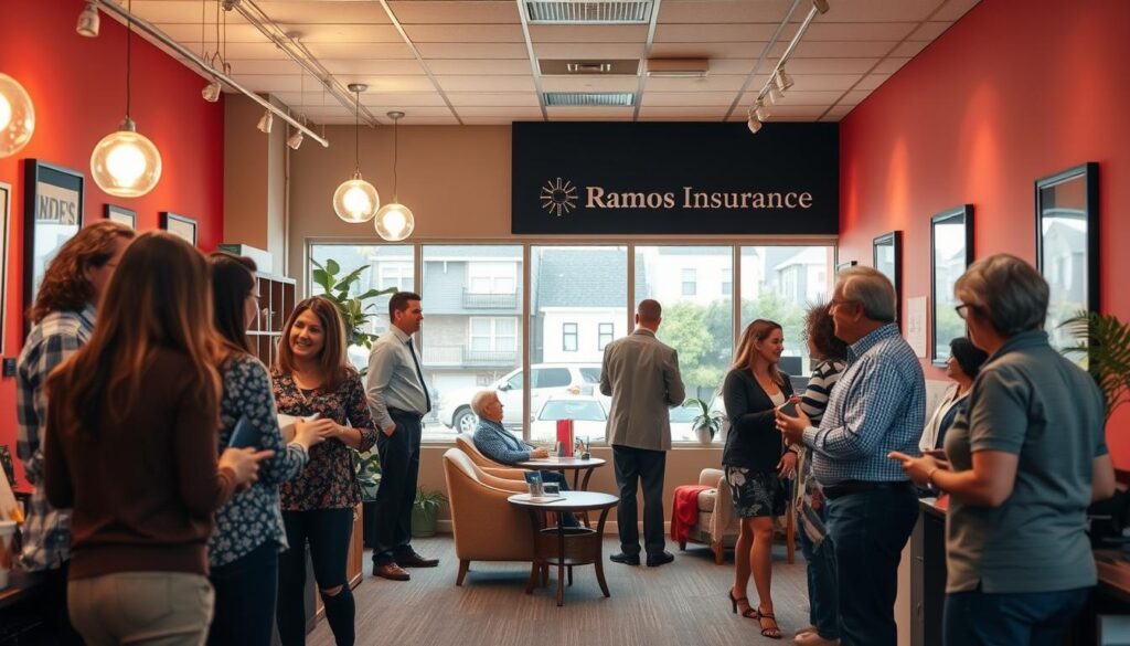 A bustling insurance agency office, filled with a sense of community involvement. In the foreground, employees enthusiastically engage with local residents, discussing coverage options and addressing their concerns. The middle ground showcases the agency's vibrant interior, with modern decor and inviting seating areas, conveying a welcoming atmosphere. In the background, a large window offers a view of the surrounding neighborhood, highlighting the agency's integration within the community. Warm, diffused lighting and a slight depth of field create a professional, yet approachable ambiance, reflecting the Ramos Insurance "Comprehensive Protection, Personalized Service" ethos.