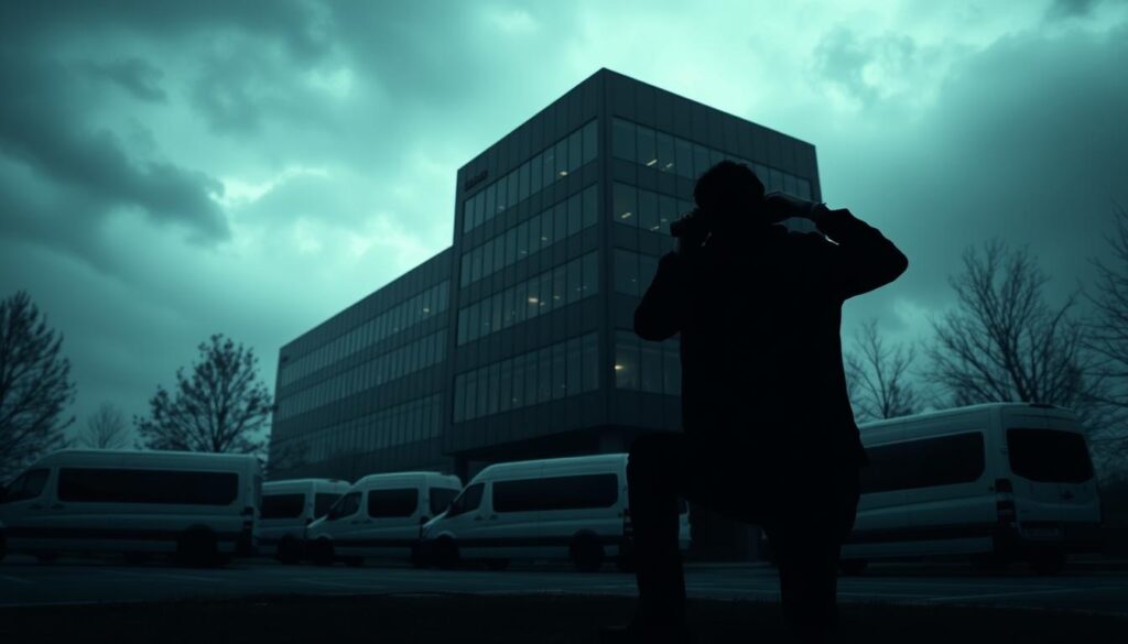 A corporate office building with an ominous aura, dimly lit with a moody, hazy atmosphere. In the foreground, a shadowy figure crouches, peering through binoculars, surveilling the building's occupants. The middle ground features a row of parked surveillance vans, their tinted windows concealing the agents within. In the background, a cloudy, overcast sky casts an eerie, foreboding glow over the scene, emphasizing the sense of unease and invasion of privacy. The lighting is low-key, creating deep shadows and contrasts to heighten the clandestine, investigative nature of the image.