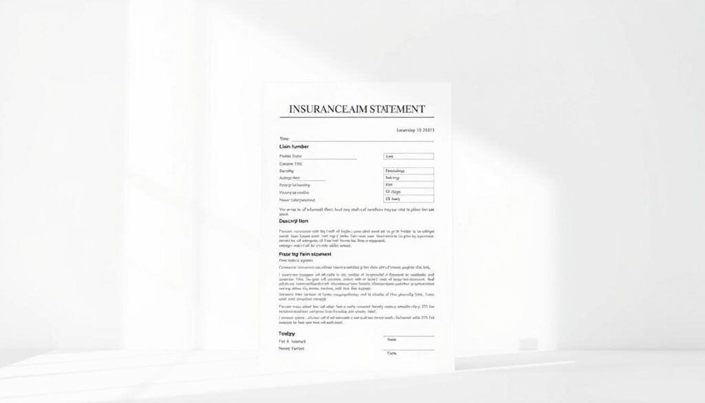 A crisp, professionally designed insurance claim statement against a clean, minimalist backdrop. The document is centered, with a simple title and structured sections for details like the claim number, date, and description of the incident. The lighting is soft and diffused, creating a sense of clarity and authenticity. The overall tone is authoritative yet approachable, conveying the seriousness of the claim process while maintaining a helpful, customer-centric feel. The composition is balanced, with ample negative space to draw the viewer's attention to the key information.