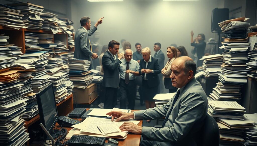 A crowded office scene, cluttered with stacks of documents, files, and ever-growing piles of paperwork. In the foreground, a harried-looking executive sits at a desk, surrounded by a maze of phone cords and computer cables, their expression one of exasperation. The middle ground features a group of colleagues engaged in a heated discussion, gesticulating animatedly, while the background is shrouded in a hazy, dimly lit atmosphere, conveying a sense of overwhelming bureaucracy and inefficiency. Soft, diffused lighting casts long shadows, creating a palpable sense of unease and delay.