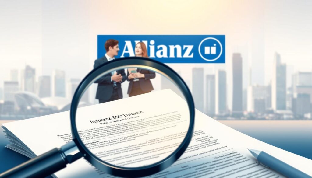A detailed and refined illustration of Allianz E&O Insurance coverage. In the foreground, a magnifying glass hovers over the intricate details of an insurance contract, highlighting the key aspects of the policy. In the middle ground, a professional business team discusses the coverage, their expressions conveying a sense of security and confidence. The background depicts the Allianz logo and a cityscape, symbolizing the broad protection and reach of the insurance provider. The lighting is warm and inviting, creating a sense of trust and reliability. The composition is balanced, with clean lines and a modern aesthetic, reflecting the sophisticated nature of the Allianz E&O Insurance offering.