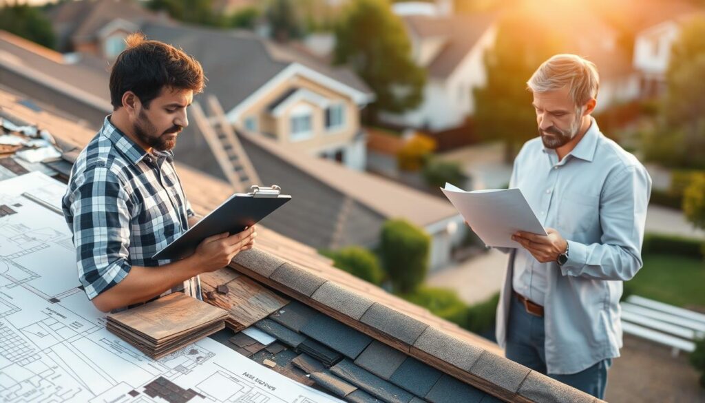 A detailed architectural blueprint unfolds, depicting the step-by-step process of filing a roof insurance claim. In the foreground, a homeowner meticulously examines their damaged roof, clipboard in hand, surrounded by neatly stacked shingles and a ladder. The middle ground features an insurance agent reviewing documents, their expression thoughtful as they guide the homeowner through the claim process. In the background, a serene suburban neighborhood, bathed in warm, golden light, sets the stage for this important financial transaction. The scene conveys a sense of professionalism, attention to detail, and the homeowner's diligence in securing their property, all crucial elements of the roof insurance claim journey.