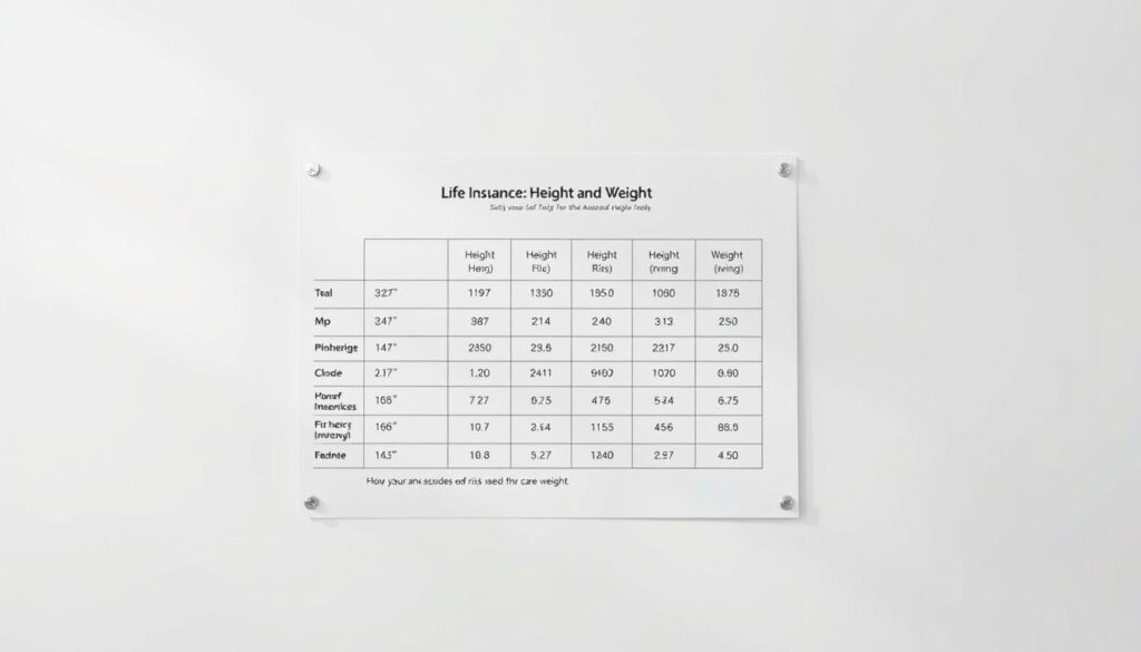 A detailed chart displaying the life insurance height and weight factors, presented on a clean, minimalist background. The chart occupies the center of the frame, with a soft, diffused lighting enhancing the clarity of the data. The layout is well-organized, allowing easy interpretation of the information. The overall atmosphere conveys a sense of professionalism and authority, reflecting the subject matter and the needs of the article. The image should effectively communicate the key information about how insurers assess risk based on height and weight.