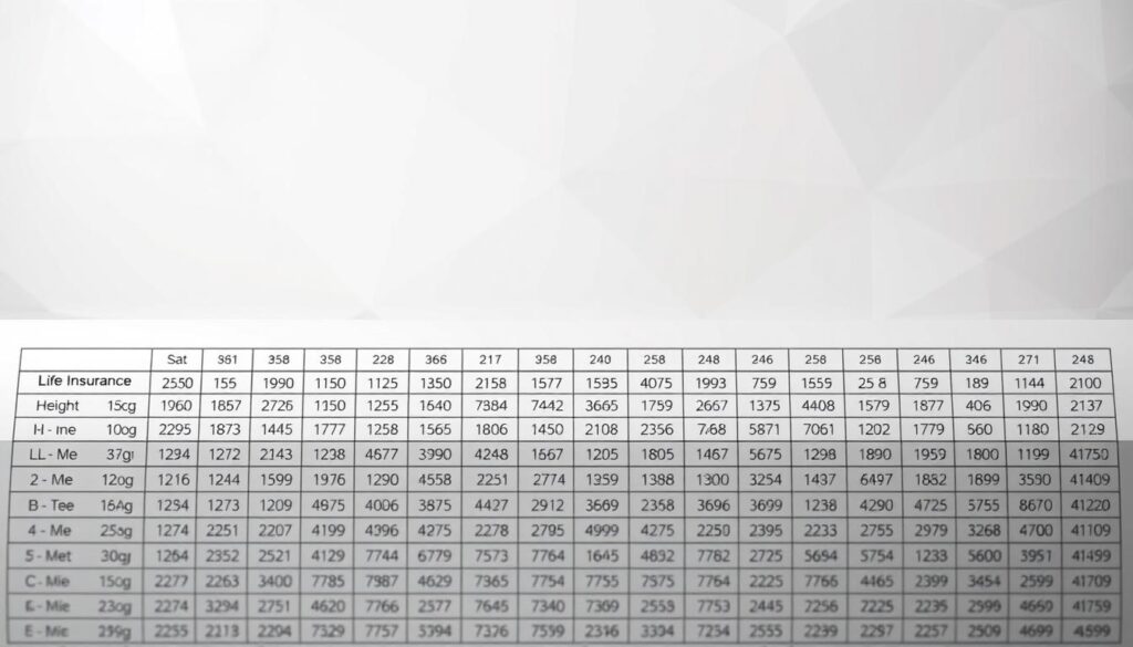 A detailed, high-resolution graphic showcasing a comprehensive life insurance height and weight chart. The foreground features a sleek, minimalist table layout with rows of numerical data neatly arranged, capturing the essential details. The middle ground presents a subtle backdrop of geometric patterns and gradients, creating a sense of depth and sophistication. The background subtly blends soft, muted colors that evoke a professional, analytical atmosphere. Careful lighting casts gentle shadows, enhancing the overall clarity and legibility of the information. The overall composition strikes a balance between functional utility and aesthetic appeal, making it an impactful visual aid for the article's "Real Examples of Premium Variations Based on Height and Weight" section.
