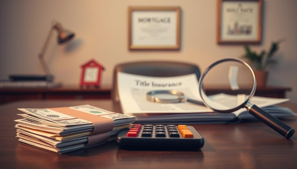 A detailed illustration of title insurance costs, set against a soft, muted background. In the foreground, a stack of bills and a calculator, symbolizing the financial aspects of the process. The middle ground features mortgage documents and a magnifying glass, denoting the scrutiny involved in title research. The background subtly depicts a professional office setting, with a wooden desk and a framed certificate on the wall, conveying the authoritative nature of the title insurance industry. The lighting is warm and indirect, creating a contemplative atmosphere. The overall composition aims to visually communicate the nuances and complexities of title insurance costs and calculation methods.