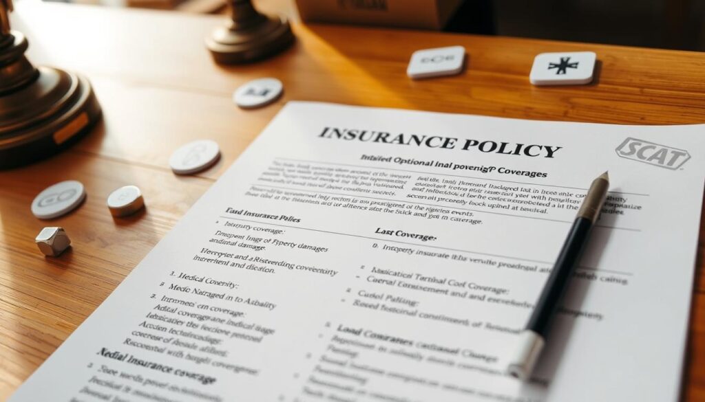 A detailed insurance policy document displayed on a wooden table, with insurance icons and symbols surrounding it. The document showcases various optional coverage enhancements for live-action role-playing (LARP) events, including liability, property damage, and medical coverage. The lighting is warm and natural, creating a professional and trustworthy atmosphere. The camera angle is slightly angled, providing a clear view of the policy details. The background is blurred, keeping the focus on the insurance document and its associated icons.