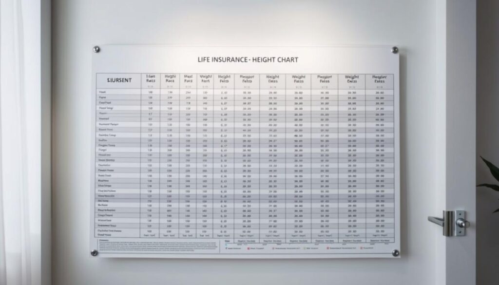 A detailed life insurance height weight chart, illuminated by soft, natural lighting, captured with a wide-angle lens to showcase its comprehensive nature. The chart is prominently displayed, occupying the central focus, with a clean, minimalist backdrop that emphasizes the information it conveys. The overall atmosphere is one of informed professionalism, guiding the viewer through the nuances of how height and weight impact life insurance rates. The chart's layout is meticulously designed, presenting the data in a clear, easily digestible manner, inviting the viewer to explore and understand the factors that shape personalized insurance coverage.