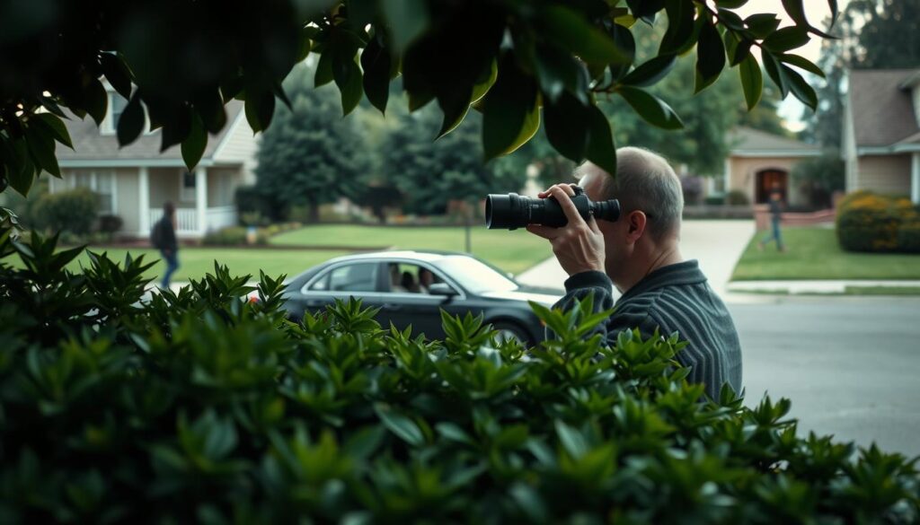 A discreet private investigator covertly surveilling a person of interest through high-powered binoculars, hidden behind lush foliage in the foreground. In the middle ground, a nondescript sedan with tinted windows is parked across the street, the investigator's base of operations. In the background, a generic suburban neighborhood stretches out, with well-manicured lawns and innocuous pedestrians going about their day, unaware of the surveillance taking place. Soft, diffused natural lighting filters through the greenery, creating an atmosphere of tension and unease, as the investigator meticulously documents their target's every move.
