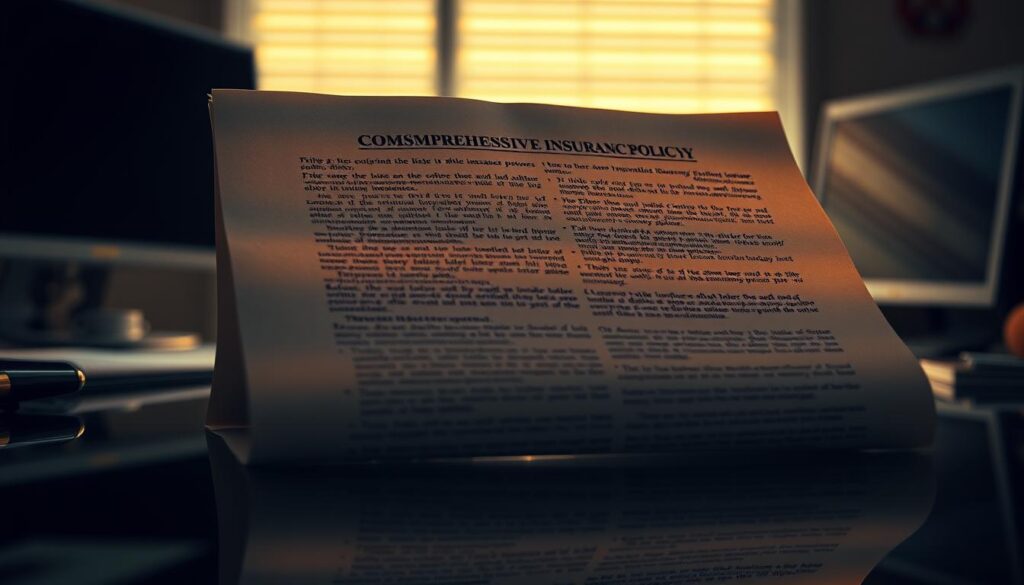 A dramatic close-up shot of a comprehensive insurance policy document, illuminated by warm, directional lighting that creates deep shadows and highlights the intricate text. The document is placed on a reflective, glass-like surface, creating a sense of depth and dimension. The background is slightly blurred, suggesting a clean, professional office setting, with subtle hints of other office items like a desk or computer monitor. The overall mood is one of authority, attention to detail, and the importance of understanding the coverage provided by the insurance plan.