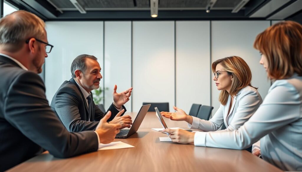 A formal business negotiation between two individuals discussing the details of a title insurance payment. The scene is set in a modern conference room with minimalist decor and floor-to-ceiling windows providing natural lighting. The two negotiators, a man and a woman, are seated across a long table, engaged in an intense yet professional discussion, gesturing towards documents and laptop screens. Their expressions convey a sense of high stakes and careful consideration. The overall mood is one of serious deliberation, with a subtle undertone of compromise and resolution. Angled camera perspective captures the negotiation from an observer's viewpoint, emphasizing the collaborative nature of the transaction.