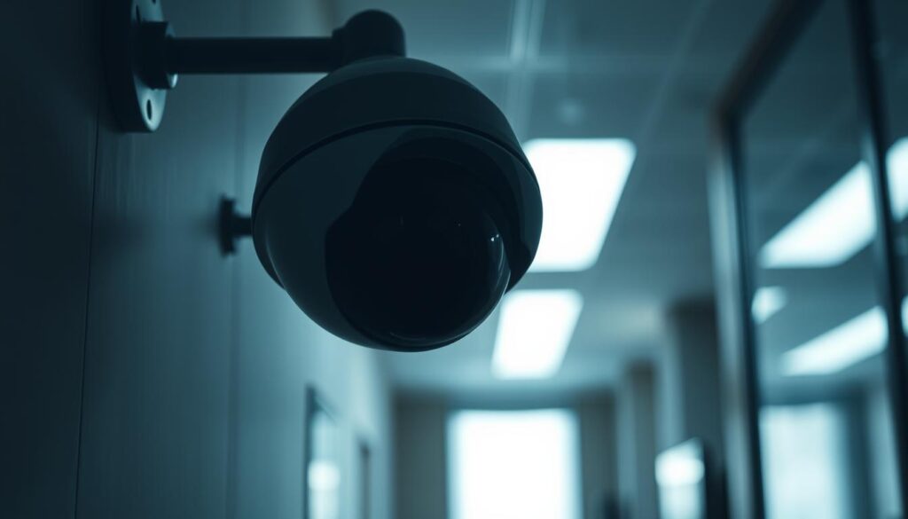 A high-definition surveillance camera mounted on a wall, its lens meticulously focused, capturing a wide view of a dimly lit office interior. The scene conveys a sense of scrutiny and watchfulness, with subtle shadows and muted lighting that create an atmosphere of quiet unease. The camera's sleek, modern design suggests advanced technology, while the static, unobtrusive position underscores the discreet, covert nature of the surveillance. The prompt aims to depict the common surveillance methods employed by insurance companies, evoking the necessary tension and surveillance themes for the article's section on this topic.