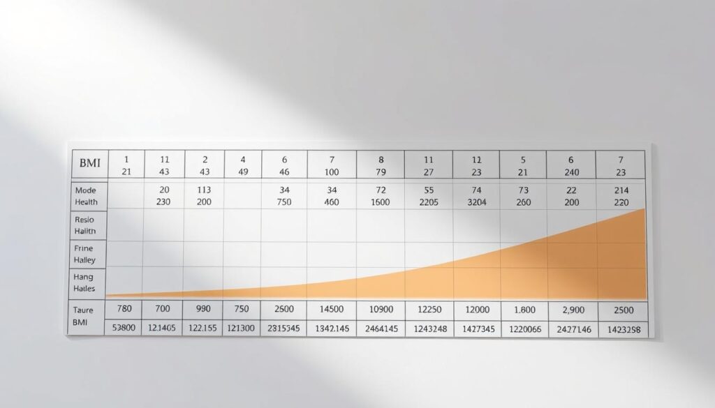 A high-resolution, meticulously detailed image of a comprehensive BMI (Body Mass Index) chart on a white background. The chart is presented in a clean, professional layout with a minimalist design, showcasing the numeric BMI ranges and their corresponding health classifications in a clear and easily understandable manner. The chart is illuminated by soft, diffused lighting, creating a well-balanced and visually appealing appearance. The overall mood is informative and educational, conveying the importance of understanding BMI in the context of life insurance considerations.