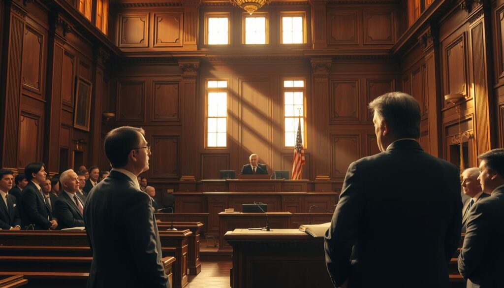 A high-stakes insurance court case unfolds in a grand, wood-paneled courtroom. The scene is bathed in warm, golden light filtering through tall windows, casting dramatic shadows. In the foreground, attorneys in sharp suits stand before the bench, engaged in heated discourse. Behind them, rows of spectators watch intently, their expressions a mix of anticipation and concern. The judge, robed in black, presides over the proceedings with an air of gravitas. The atmosphere is tense, charged with the weight of the case at hand, as the defense presents its tactical arguments to the court.