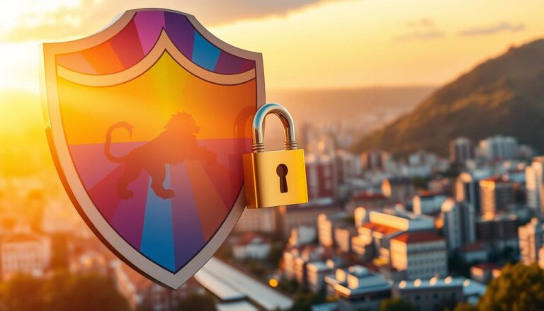 A majestic rainbow-colored shield emblazoned with a stylized lion, symbolizing the power and resilience of pride, hovers in the foreground. In the middle ground, a gleaming golden lock secures the shield, representing the protection and security of insurance. Behind this, a vibrant cityscape shimmers in the warm glow of the sunset, conveying a sense of community and prosperity. The scene is illuminated by soft, diffused lighting, creating a sense of warmth and optimism. The overall composition evokes a mood of confidence, strength, and the safeguarding of one's most valuable asset - their pride.