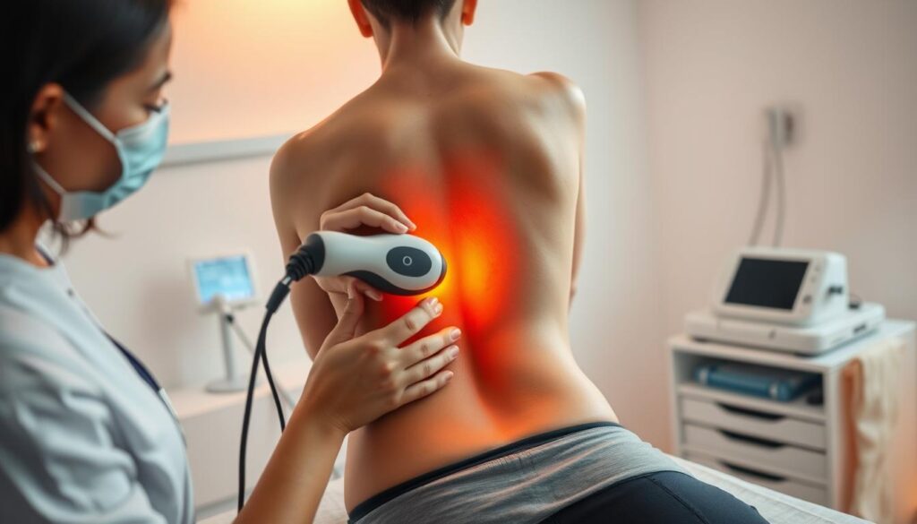 A medical professional administering softwave therapy to a patient's lower back, captured in a minimalist, clinical setting. Warm, indirect lighting casts a soothing glow, while the therapist's hands expertly guide the handheld softwave device across the patient's skin. The background is crisp and clean, with medical equipment and supplies organized neatly, conveying a sense of professionalism and attention to detail. The patient's expression is one of relaxation and relief, as the non-invasive, high-frequency sound waves penetrate deep into the tissues, promoting healing and pain relief.