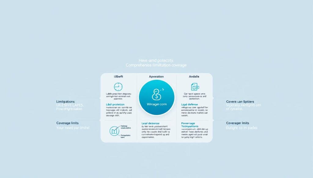 A modern and professional-looking insurance benefits illustration showcasing the key features of Allianz's E&O (Errors and Omissions) coverage. Set against a clean, minimalist background, the image should depict a detailed infographic-style layout with distinct sections highlighting the various benefits, such as liability protection, legal defense, and coverage limits. Use a cool, corporate color palette with subtle gradients and clean typography to convey a sense of trust, reliability, and attention to detail. Incorporate relevant icons, graphs, or data visualizations to effectively communicate the information. Capture an overall impression of comprehensive protection for businesses, tailored to the needs of the "Benefits and Limitations" section.