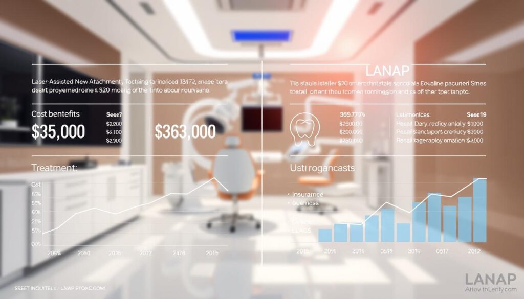 A modern, minimalist infographic comparing the costs and benefits of LANAP (Laser-Assisted New Attachment Procedure) dental treatment. In the foreground, clean line charts and graphs displaying cost data, treatment outcomes, and insurance coverage. The middle ground features a sleek, futuristic dental office setting with state-of-the-art equipment, creating an impression of advanced, high-quality care. The background is a softly blurred, neutral-toned environment, allowing the infographic elements to take center stage. Bright, natural lighting casts a warm, inviting glow across the scene, conveying a sense of professionalism and trust. The overall aesthetic is streamlined, data-driven, and designed to help readers quickly grasp the key financial and clinical considerations of LANAP.