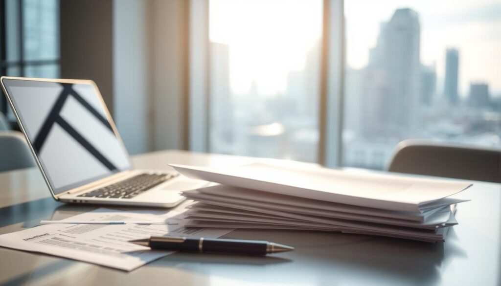A modern office desk with a laptop, digital tablet, and pen, partially obscured by insurance documents and claim forms. Soft, diffused lighting filters through a large window, casting a warm glow across the scene. The background features a blurred city skyline, suggesting the professional corporate environment. The overall mood is one of thoughtful consideration, as the subject navigates the process of supplementing their insurance claim.