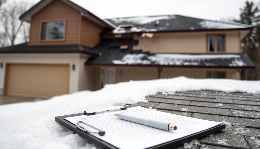 A modern two-story house with a newly installed asphalt shingle roof, partially covered in snow. The roof is partially damaged, with missing and curled shingles, indicating a recent storm or hail event. In the foreground, a clipboard and pen lay on the snowy ground, representing an insurance adjuster's assessment of the damage. The lighting is overcast and natural, highlighting the damage and the need for a roof insurance claim. The image conveys a sense of concern and the need for prompt action to address the roof's condition and initiate the insurance claim process.