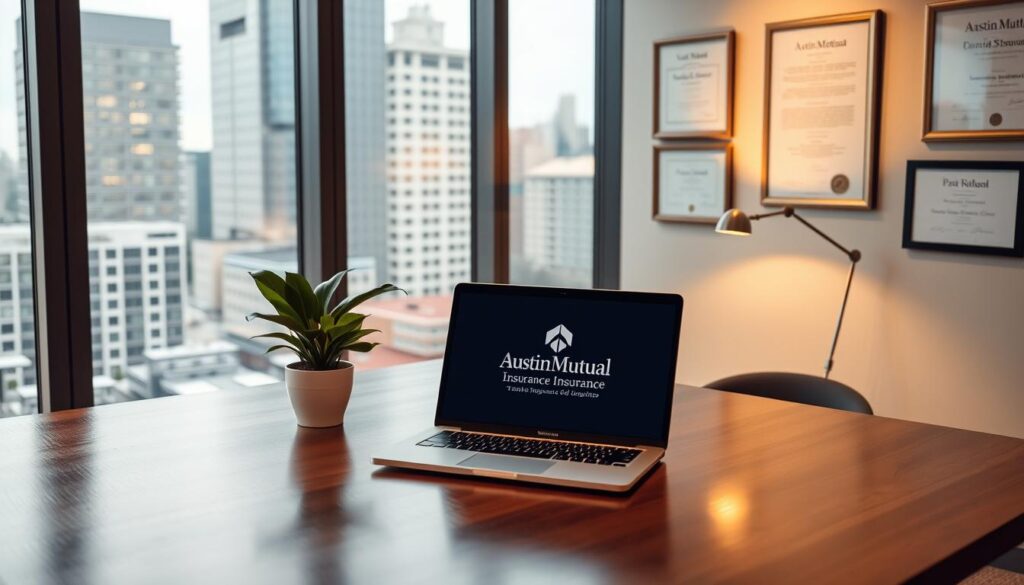 A modern, well-appointed office interior with large windows overlooking a bustling cityscape. On a polished wooden desk, a laptop displays the Austin Mutual Insurance logo, flanked by a potted plant and a sleek, minimalist desk lamp. Framed certificates and diplomas adorn the walls, exuding an air of professionalism and expertise. Warm, indirect lighting casts a subtle glow, creating a welcoming and trustworthy atmosphere. The composition is balanced, with attention to detail and a sense of refinement, reflecting the reliable and comprehensive insurance services offered by Austin Mutual.