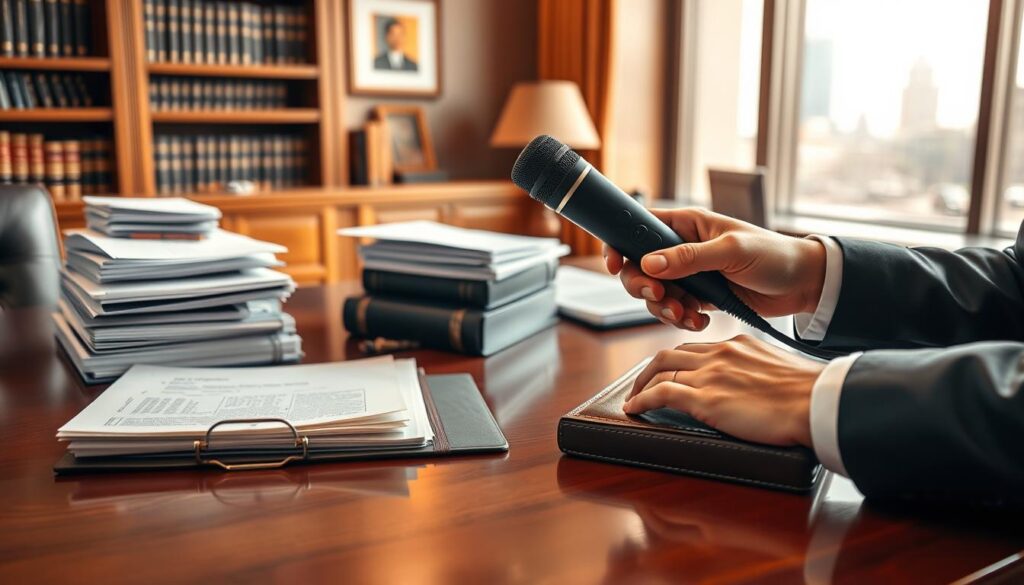 A neatly organized office desk, bathed in warm, diffused lighting, features a stack of official-looking documents, a professional-grade dictaphone, and a sturdy, leather-bound notebook. In the foreground, a pair of hands carefully handling the dictaphone, preparing to record a statement. The background showcases a bookshelves, tasteful decor, and a large window overlooking a cityscape, conveying a sense of authority and legal expertise. The overall atmosphere is one of seriousness, attention to detail, and the gravity of the situation at hand, reflecting the importance of a recorded statement in an insurance context.