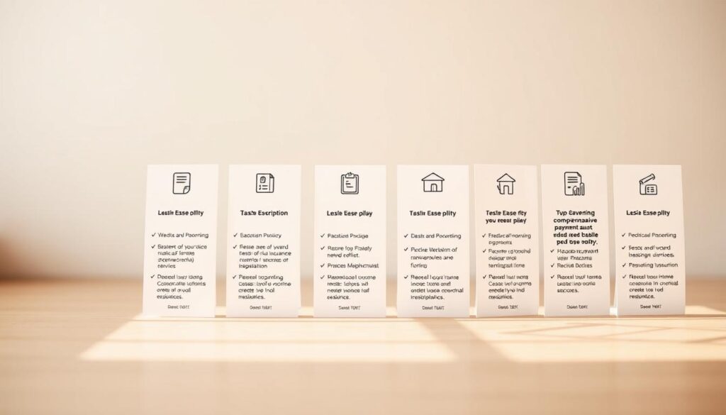A polished, minimalist image showcasing a range of insurance plan options. In the foreground, a clean, modern layout presents various insurance policy types, each with clear icons and succinct descriptions. The middle ground features a subtle grid pattern, hinting at the structured nature of the plans. The background maintains a soft, blurred gradient, allowing the plan details to take center stage. Warm, natural lighting gently illuminates the scene, creating an atmosphere of trustworthiness and professionalism. The overall composition conveys a sense of comprehensive coverage and flexible payment options, catering to the specific needs of the target audience.