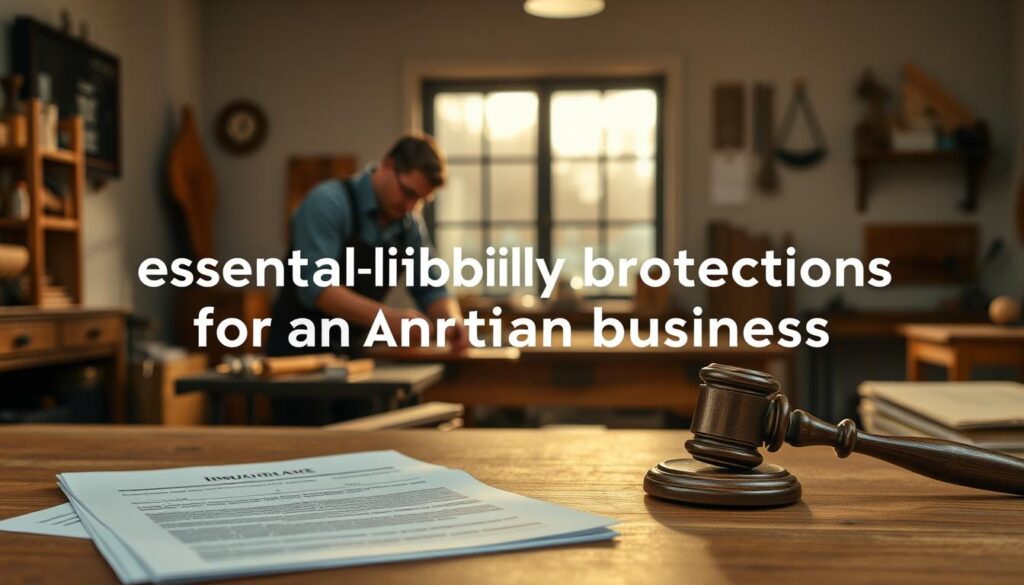 A professional and stylized image depicting essential liability protections for an artisan business. A craftsman working intently at their workbench, surrounded by tools and materials. Warm, natural lighting illuminates the scene, creating a sense of focus and dedication. In the foreground, legal documents and insurance papers are neatly organized, symbolizing the importance of liability coverage. The background features a tasteful, minimalist office setting, conveying a sense of professionalism and attention to detail. The overall mood is one of diligence, preparedness, and the thoughtful management of an artisan enterprise.