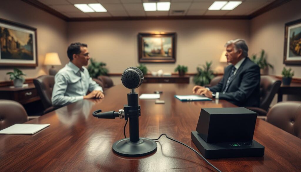 A professional office setting with a modestly furnished meeting room. In the foreground, a large wooden table with a microphone and recording device placed prominently in the center, symbolizing the "recorded statement" process. In the middle ground, two persons seated across the table, one in a collared shirt and the other in a business suit, engaged in a formal discussion. The lighting is warm and subtle, creating a sense of seriousness and importance. The background features tasteful artwork on the walls and potted plants, suggesting a professional and authoritative environment. The overall mood is one of a serious, official proceeding, reflecting the gravity of the "recorded statement" request.