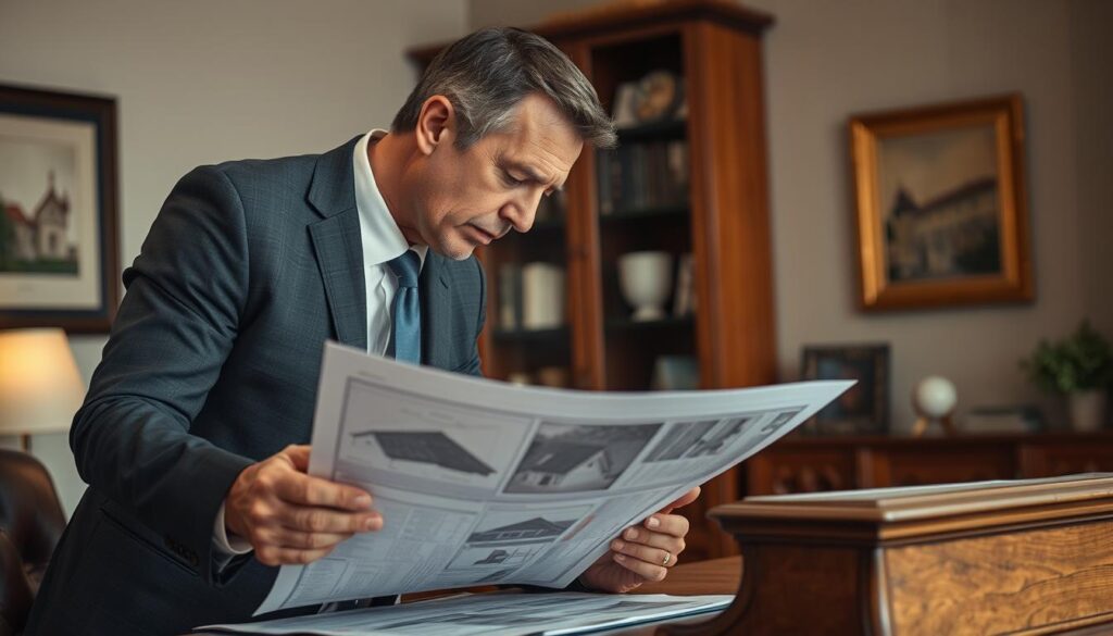 A seasoned insurance adjuster stands in a well-lit office, meticulously examining a detailed roof damage report. Dressed in a crisp, professional suit, they lean over a sturdy oak desk, carefully analyzing the photographic evidence and documentation. The adjuster's brow is furrowed in concentration, their expression reflecting a keen attention to detail and a commitment to ensuring a fair resolution for the client. The background features tasteful decor, suggesting a space of authority and expertise, where informed decisions are made. Soft, diffused lighting casts a warm glow, creating an atmosphere of trust and professionalism.