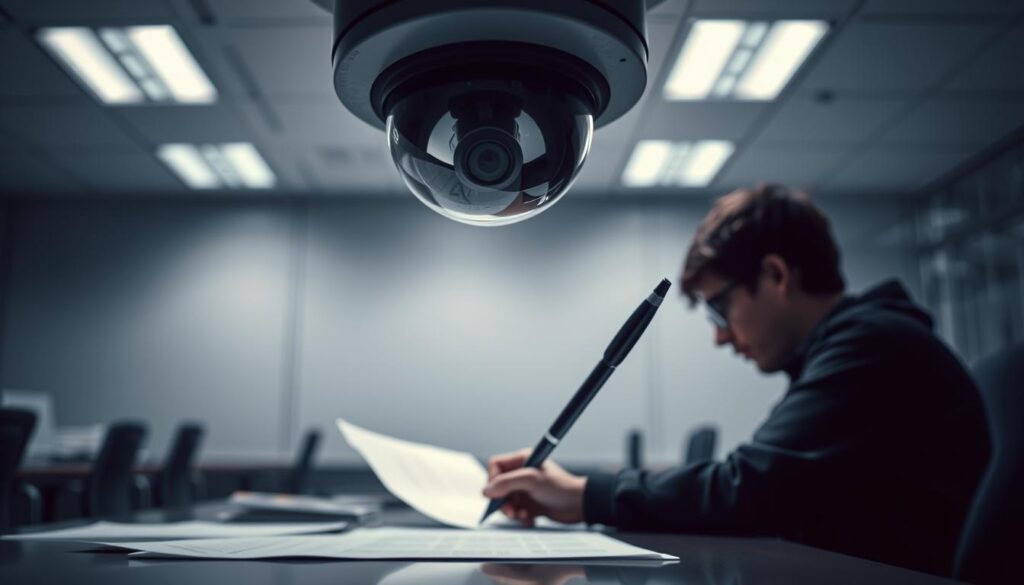A security camera looms overhead, casting a cold, unblinking gaze on a figure seated at a desk, poring over documents. The scene is bathed in a muted, almost clinical light, creating a sense of unease. In the foreground, a hand holds a pen, poised to sign a form, as if hesitant, aware of the watchful eye above. The background is a blur of anonymous office furnishings, emphasizing the isolation and vulnerability of the individual. The overall atmosphere conveys the subtle, pervasive impact of surveillance on the personal injury claim process, a tension between the need for information and the desire for privacy.