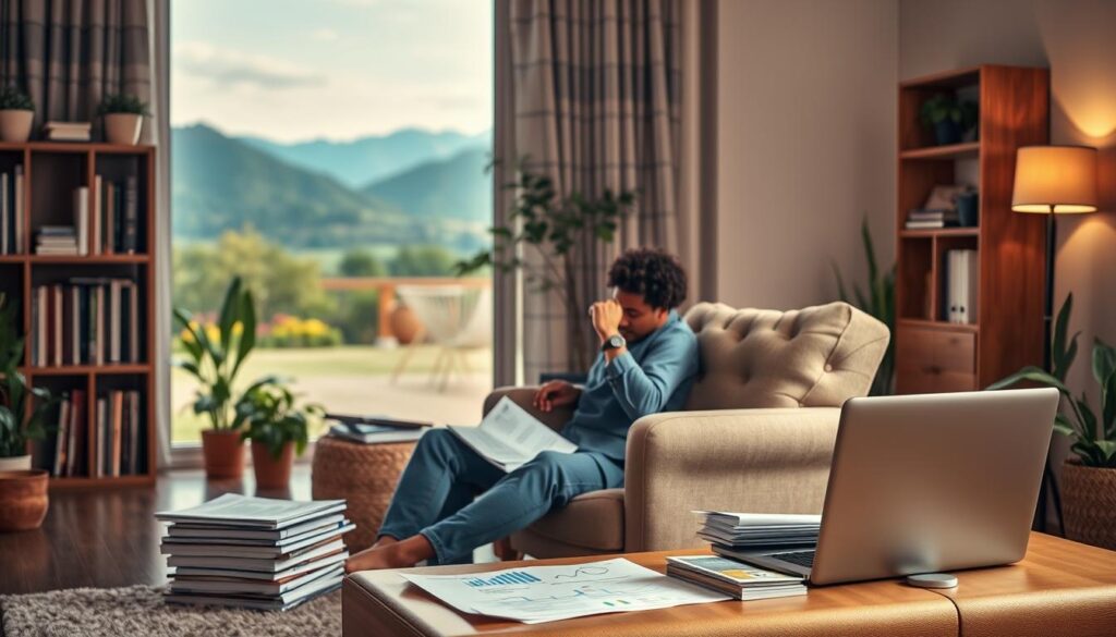 A serene and peaceful scene of an individual exploring the benefits of MMI insurance. In the foreground, a person sits comfortably on a plush armchair, deep in contemplation, surrounded by stacks of insurance documents and a laptop displaying financial projections. The middle ground features a cozy home office setup, complete with bookshelves, potted plants, and warm lighting. The background showcases a tranquil outdoor landscape, with a lush garden and a picturesque mountainous horizon, conveying a sense of security and stability. The overall mood is one of thoughtful consideration, financial well-being, and the comfort of having the right insurance coverage.