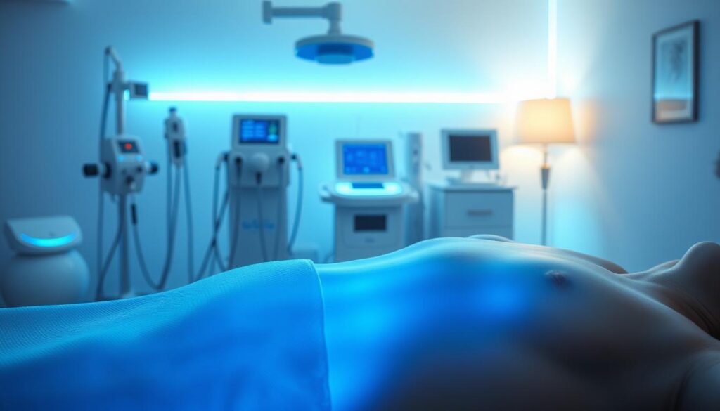 A serene and therapeutic scene showcasing the benefits of softwave therapy. In the foreground, a person's body is bathed in a soothing glow of soft, blue-hued light, radiating a sense of deep relaxation. The middle ground depicts various medical instruments and equipment associated with softwave therapy, highlighting its advanced, cutting-edge technology. In the background, a tranquil, spa-like environment with gentle lighting and calming decor sets the stage for a holistic, restorative experience. The composition conveys the harmony between the physical, emotional, and mental aspects of the treatment, promoting a holistic approach to well-being.