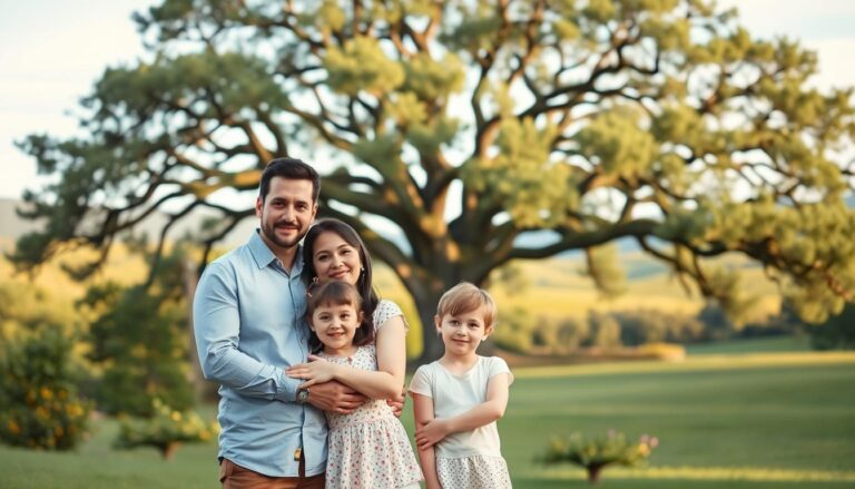 A serene, pastel-hued family portrait set against a lush, tranquil garden backdrop. In the foreground, a loving couple stands protectively, their arms embracing two young children. Soft, diffused lighting gently illuminates their faces, conveying a sense of security and wellbeing. In the middle ground, a majestic oak tree spreads its branches, symbolizing the enduring strength of the family bond. The background features a picturesque landscape, with rolling hills and a clear blue sky, evoking a feeling of peace and harmony. This idyllic scene perfectly captures the essence of "life insurance protection" - a promise of safeguarding your loved ones' future.