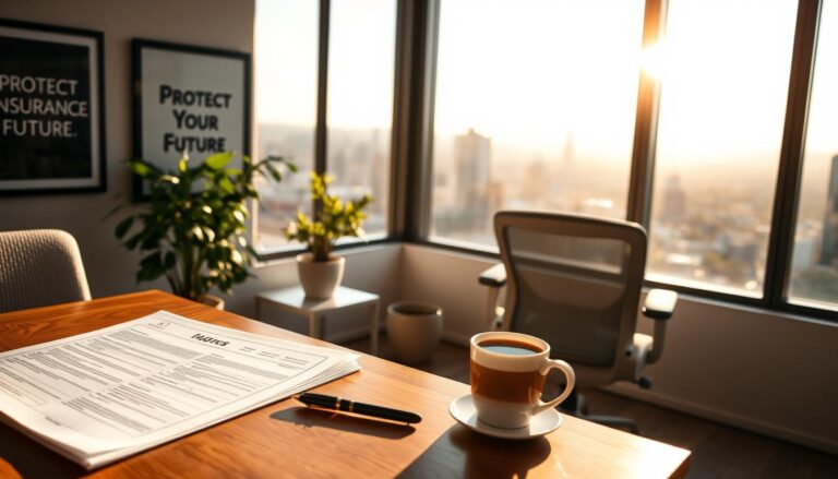 A serene, sun-drenched office scene. In the foreground, a wooden desk with a stack of insurance plan documents, a pen, and a cup of coffee. On the wall behind, a framed motivational poster with the text "Protect Your Future". In the middle ground, a potted plant and a modern, ergonomic office chair. The background features floor-to-ceiling windows overlooking a picturesque cityscape, bathed in warm, golden light. The overall atmosphere conveys professionalism, attention to detail, and a sense of security and well-being.