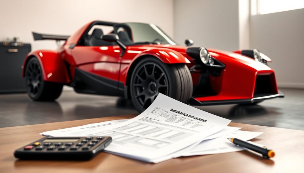 A sleek and sporty Ariel Atom sports car parked in a modern, minimalist garage. The Atom's vibrant red body glistens under the warm, directional lighting, accentuating its aerodynamic curves. In the foreground, various insurance documents and a calculator are neatly arranged, suggesting the process of calculating and optimizing the Atom's insurance coverage. The background features a clean, white wall, creating a sense of simplicity and focus on the key elements. The overall mood is one of efficiency, attention to detail, and a desire to lower the insurance costs for this high-performance vehicle.