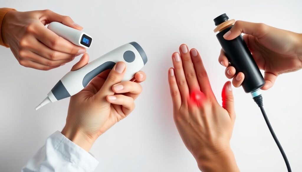 A softwave therapy comparison featuring a medical professional's hands holding a softwave device juxtaposed against hands holding other pain relief modalities like ultrasound, TENS, and laser therapy. The scene is set in a clean, well-lit clinical environment with a white background, allowing the focus to remain on the medical tools and hands. The lighting is soft and diffused, creating an atmosphere of professionalism and care. The composition is balanced, with the hands and devices arranged in a visually appealing manner, allowing the viewer to easily compare the different treatment options.