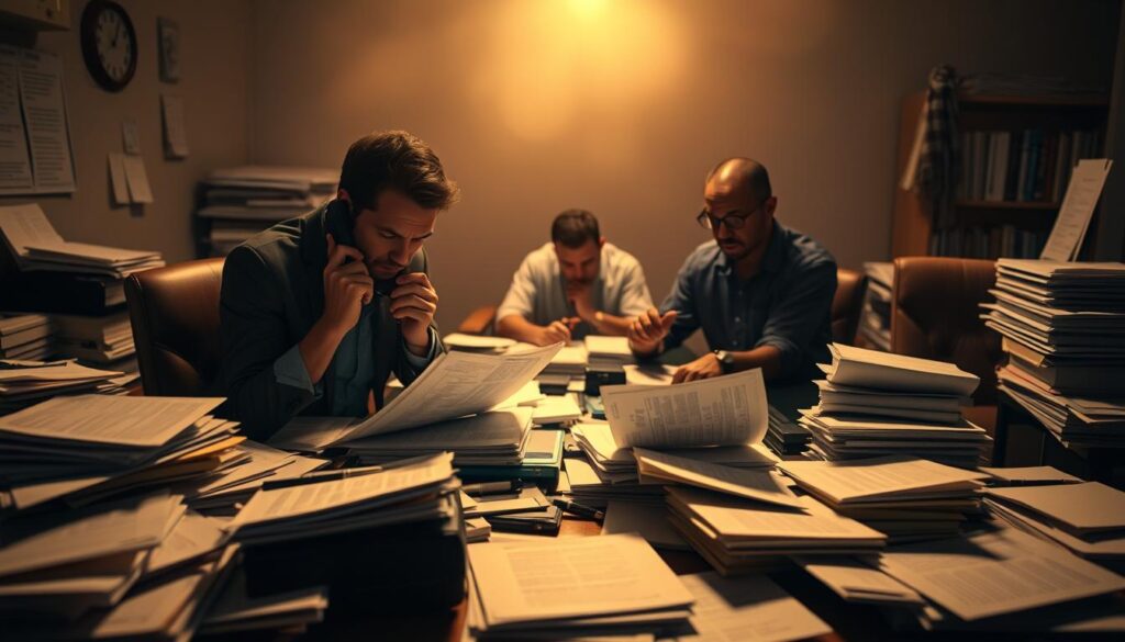 A solemn, bureaucratic scene in a dimly lit office, centered on a cluttered desk overflowing with paperwork. In the foreground, a weary insurance agent pores over documents, a telephone held to their ear. The middle ground reveals a nervous policyholder, seated across the desk, their expression troubled. The background is hazy, suggesting the oppressive atmosphere of an impersonal corporate environment. Soft, warm lighting casts shadows, creating a sense of unease and the high stakes of the insurance claim process.