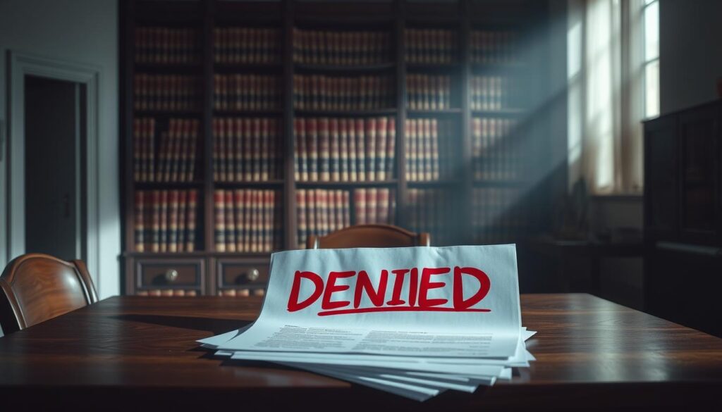 A spacious, dimly lit office, a wooden desk with a looming shadow cast upon it. On the desk, a stack of paperwork marked "DENIED" in bold red letters, signifying the harsh reality of an insurance claim rejection. The light casts an ominous glow, creating a sense of unease and frustration. In the background, a towering bookshelf filled with legal tomes, a symbol of the complex bureaucracy that can stand in the way of fair and transparent insurance processes. The overall atmosphere is one of confrontation, where the individual's needs are overshadowed by the bureaucratic machinery of the insurance industry.
