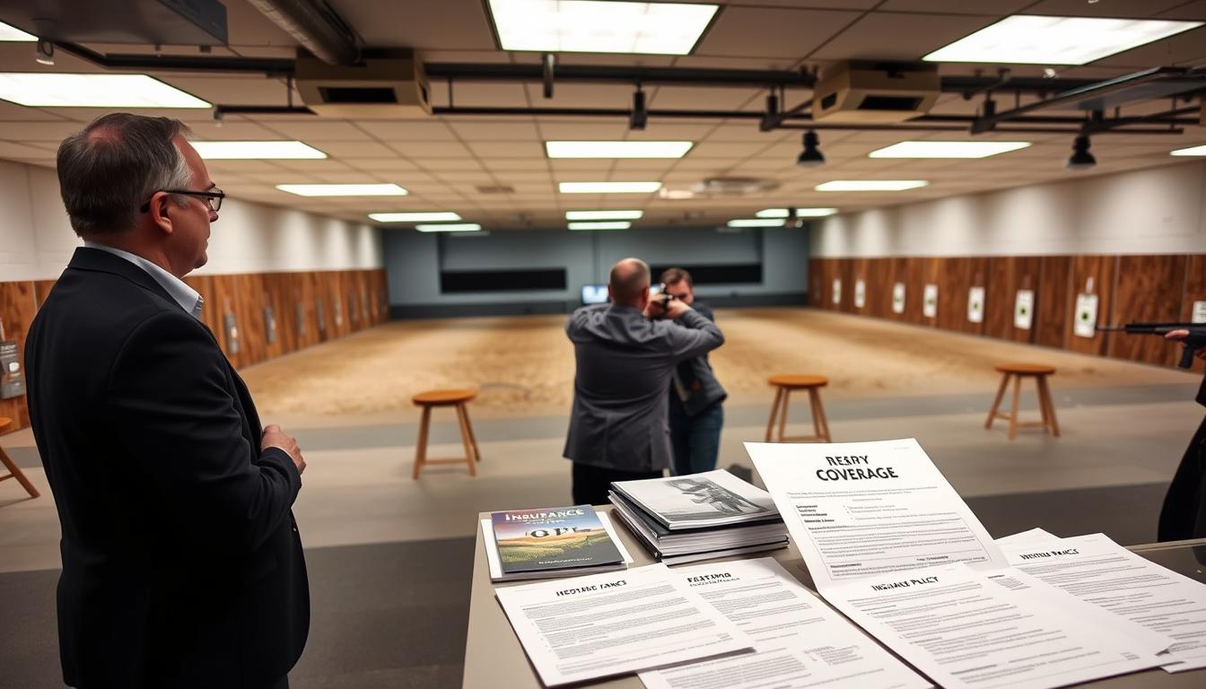 A spacious indoor shooting range with a bright, well-lit environment. The foreground features a counter displaying various insurance policy documents, brochures, and a professional-looking agent discussing coverage details with a range owner. The middle ground showcases a group of shooters practicing their aim on the range, while the background highlights the range's safety features, such as sound-dampening panels and ventilation systems. The overall atmosphere conveys a sense of security, professionalism, and comprehensive protection for the shooting range's operations.