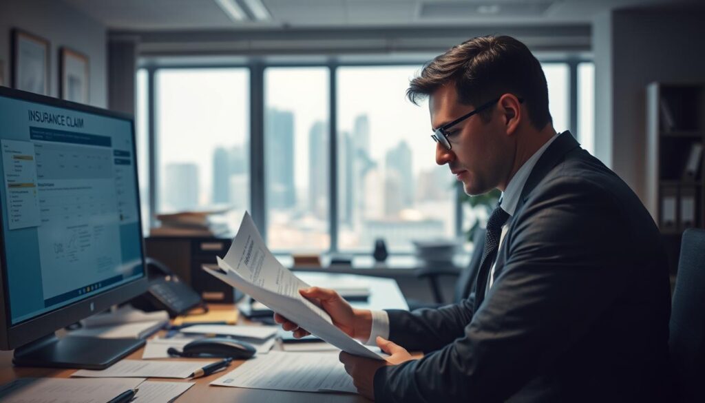 A sprawling office scene with a cluttered desk, paperwork, and a computer monitor displaying an insurance claim form. Soft, diffused lighting illuminates the workspace, creating a sense of professionalism and attention to detail. In the foreground, a well-dressed person is meticulously reviewing documents, brow furrowed in concentration. The middle ground features a filing cabinet and a phone, hinting at the administrative processes involved. The background depicts a window overlooking a city skyline, conveying a feeling of the broader context of the insurance industry. The overall tone is one of diligence, organization, and the importance of properly navigating the insurance claim process.