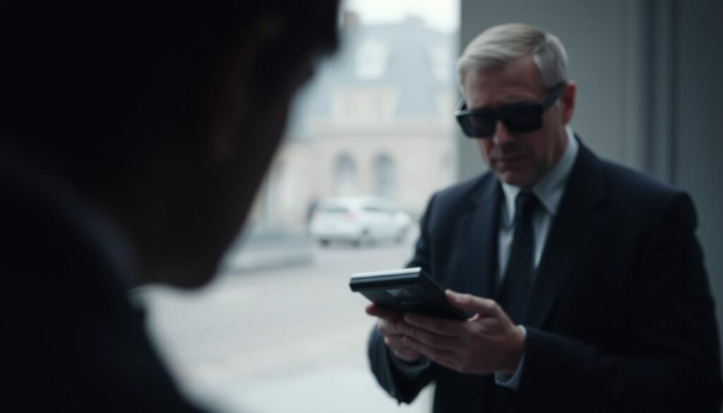 A surveillance operative, dressed in a dark suit, observes a person from a discreet vantage point. The scene is captured through the lens of a high-resolution camera, with a narrow depth of field that blurs the background, drawing the viewer's attention to the subject. Soft, diffused lighting creates a sense of mystery and tension, as the operative meticulously documents their target's movements. The atmosphere is one of cautious observation, where every detail is carefully noted for a potential insurance claim investigation.