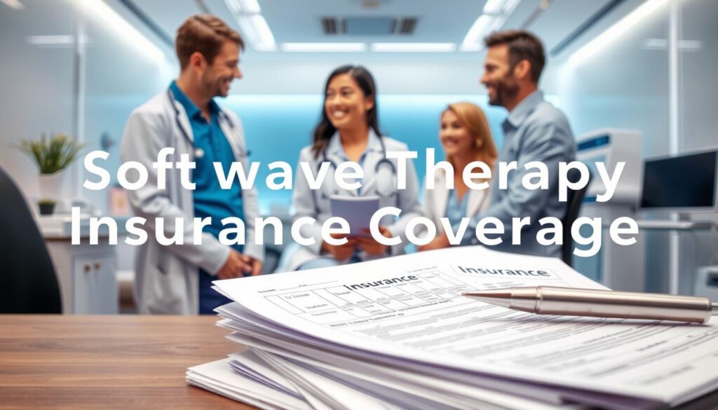 A vibrant and informative visual representation of "Softwave Therapy Insurance Coverage". In the foreground, a stack of insurance documents and medical forms, conveying the practical aspects of coverage. In the middle ground, a healthcare professional discussing coverage options with a patient, their expressions reflecting understanding and relief. The background depicts a modern medical clinic, with sleek equipment and soothing lighting, suggesting the advanced nature of softwave therapy. The overall atmosphere is one of professionalism, transparency, and accessible healthcare, highlighting the importance of understanding insurance coverage for this innovative treatment.