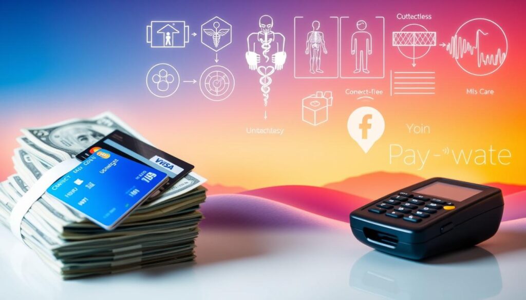 A vibrant collage depicting various payment options for softwave therapy, arranged in a harmonious composition. In the foreground, a stack of dollar bills, credit cards, and a contactless payment terminal illuminate the financial realities of treatment. In the middle ground, medical symbols and diagrams suggest the therapeutic nature of the service. The background features a soft, gradient-based landscape, evocative of the soothing, wave-like nature of the therapy itself. The overall scene conveys a sense of accessibility, flexibility, and the ability to customize payment plans to suit individual needs.
