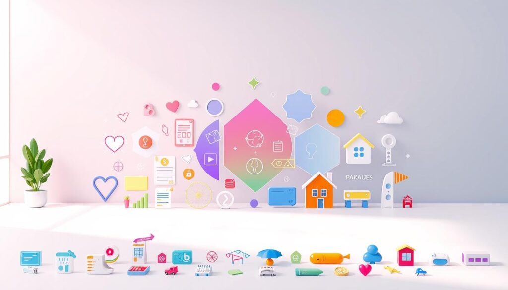 A vibrant, high-resolution illustration of various insurance coverage options, set against a modern, minimalist background. In the foreground, a diverse array of insurance icons, including health, life, auto, and home policies, are neatly arranged. The middle ground features dynamic, overlapping shapes and gradients, suggesting the interconnectedness and flexibility of these coverage options. The background is a clean, softly lit expanse, allowing the insurance elements to take center stage. The overall composition conveys a sense of security, accessibility, and the comprehensive nature of the key benefits of MMI Insurance.