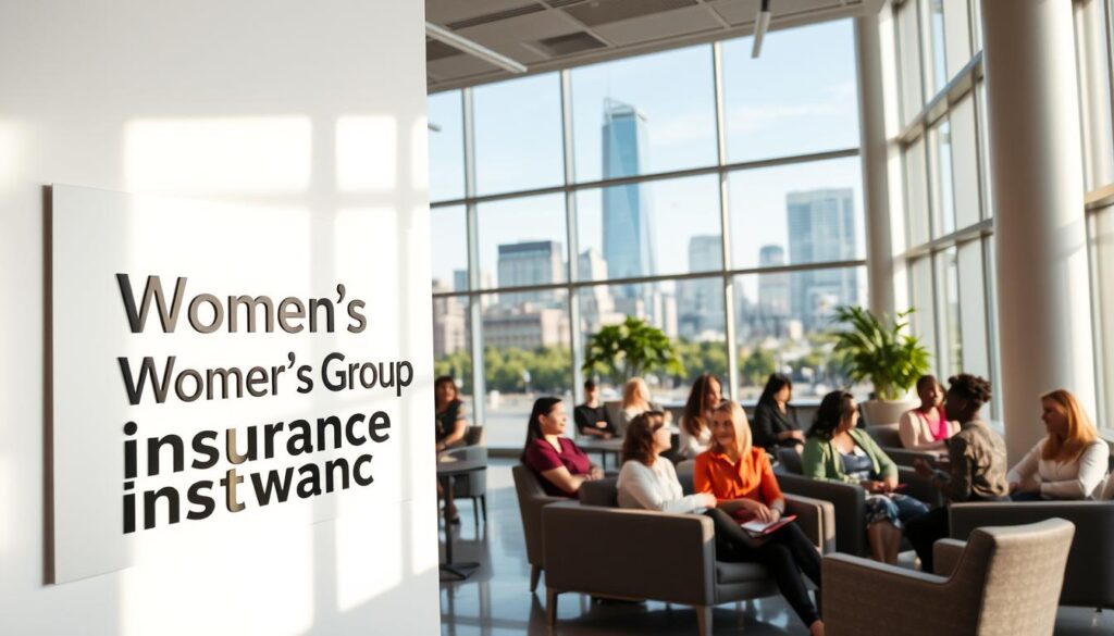 A vibrant, modern office lobby with a prominent sign reading "Women's Group Insurance Network" displayed on the wall in the foreground. The space is filled with natural light, with large windows overlooking an urban skyline in the background. In the middle ground, women of diverse backgrounds are seated in comfortable chairs, engaged in conversation and collaboration. The overall atmosphere conveys a sense of professionalism, community, and empowerment. The scene is captured with a wide-angle lens, highlighting the scale and openness of the space.