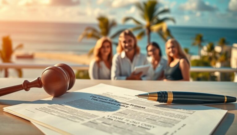 A vibrant, photorealistic image of title insurance in Florida. In the foreground, a stack of legal documents with a gavel and ink pen, conveying the legal and official nature of the process. In the middle ground, a group of people discussing the details of a title insurance policy, their expressions serious yet hopeful. In the background, a panoramic view of the Florida coastline, with palm trees swaying gently in the breeze, suggesting the local context. The lighting is warm and natural, creating a sense of professionalism and trust. The overall composition draws the viewer's attention to the central elements of the title insurance process, while the scenic backdrop provides a sense of place and setting.