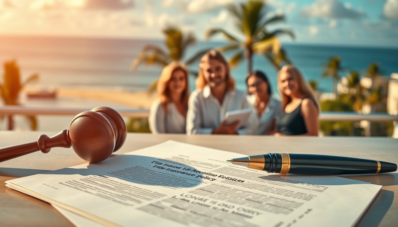 A vibrant, photorealistic image of title insurance in Florida. In the foreground, a stack of legal documents with a gavel and ink pen, conveying the legal and official nature of the process. In the middle ground, a group of people discussing the details of a title insurance policy, their expressions serious yet hopeful. In the background, a panoramic view of the Florida coastline, with palm trees swaying gently in the breeze, suggesting the local context. The lighting is warm and natural, creating a sense of professionalism and trust. The overall composition draws the viewer's attention to the central elements of the title insurance process, while the scenic backdrop provides a sense of place and setting.