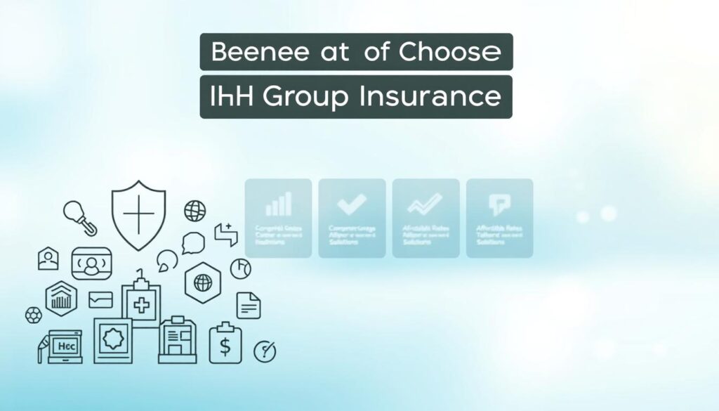 A visually striking, high-resolution image depicting the "Benefits of Choosing IHC Group Insurance". In the foreground, a detailed illustration of various insurance-related icons and symbols, such as a shield, a graph, a medical cross, and a percentage sign, all neatly arranged to showcase the key benefits. In the middle ground, a clean, modern interface with sleek typography highlighting the core benefits, such as "Comprehensive Coverage", "Affordable Rates", and "Tailored Solutions". The background features a soft, blurred gradient in shades of blue and green, creating a sense of trust, security, and professionalism. The overall composition is well-balanced, with a harmonious color palette and a clean, minimalist aesthetic that effectively conveys the subject matter.
