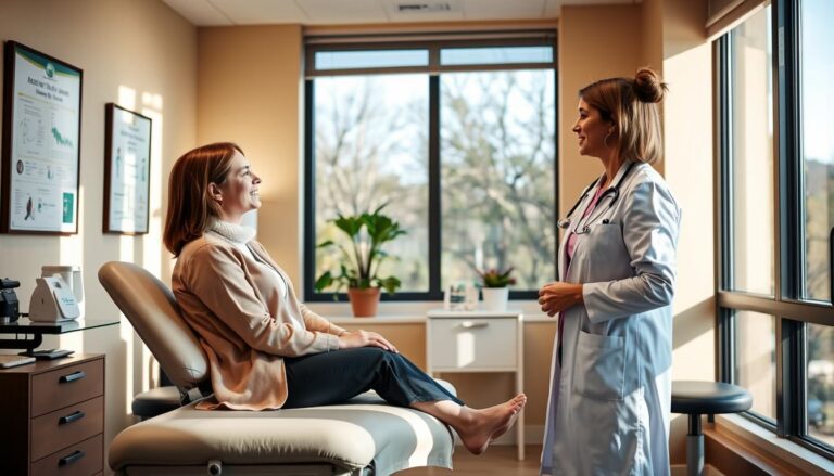 A warm, inviting medical office setting with a female patient sitting comfortably on an examination table, making eye contact with a compassionate female doctor standing nearby, ready to provide thorough, personalized care. The room is filled with natural light streaming through large windows, complemented by soft, soothing lighting. The walls display educational posters and certificates, conveying a sense of professionalism and expertise. The overall atmosphere exudes empathy, trust, and a commitment to women's health and well-being.